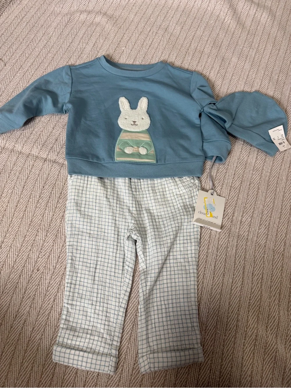 cloud island Blue Bunny Appliqué Pajama Set with Plaid Pants